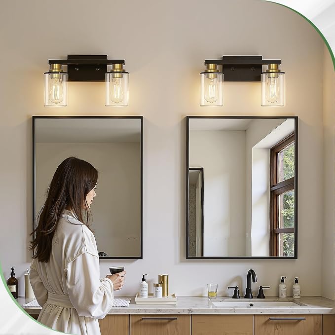 Bathroom Light Fixtures, 2-Light Black and Gold Bathroom Lights Over Mirror with Clear Glass Shade, Vanity Lights for Hallway Bedroom Living Room, ETL Listed | Modern Vanity Lights With Clear Glass Shade, Bathroom Wall Light for Mirror, Kitchen, Living...