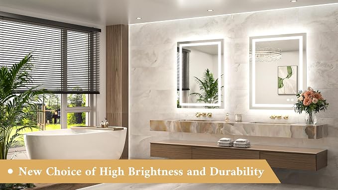 LED Bathroom Mirror with Lights 28 x 36 Frontlit and Backlit Light up Mirror, Brighter Lighted Bathroom Mirror for Wall, 3-Color Anti Fog Mirror, Waterproof, Shatterproof Tempered Glass