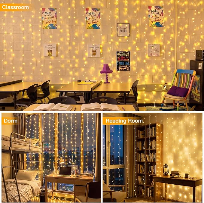 Ollny Curtain Lights 600 LED 19.7x9.8ft, Outdoor Waterproof String Lights for Backdrop, Fairy Light with Remote Timer 8 Modes, Plug in Christmas Light for Wall Wedding Patio Gazebo, Warm White