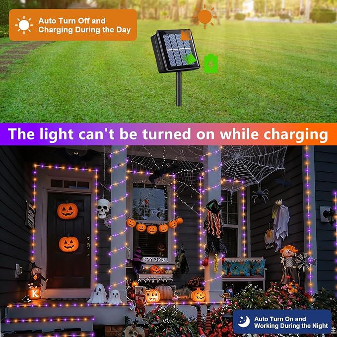 QITONG 2 Pack Solar Halloween Lights, Each 33ft 100 LED Orange and Purple String Lights, 8 Modes Clear PVC Tube Light Outdoor Waterproof