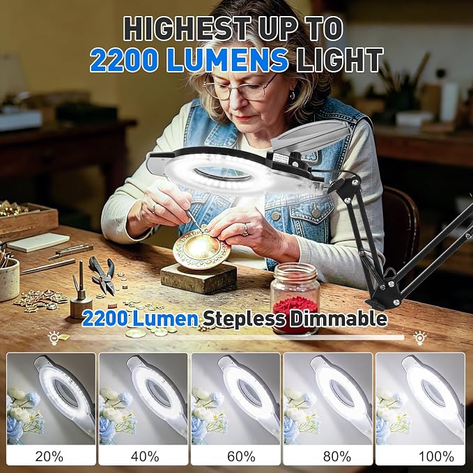 KIRKAS 12X LED Magnifying Lamp with Clamp, 2,200 Lumens Dimmable Bright | 35in Adjust Swivel Arm Magnifying Glass with Light for Repair Reading Craft Needlework Hobby Workbench Magnifier Dust Cover