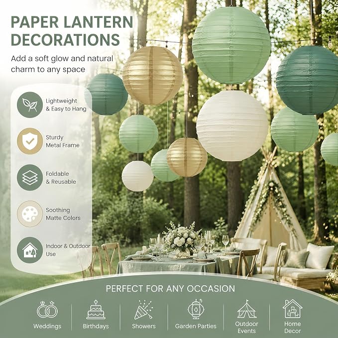 Boho Paper Lanterns Set of 12, 6/8/10 Inch Sage Green, Gold & Cream Hanging Decor for Wedding, Bridal Shower & Party