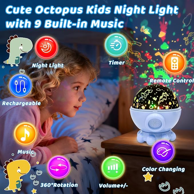 Cute Octopus Night Light Projector,17 Light Modes Ocean Star Projector with 360° Rotation, 3 Projection Films and 9 Lullaby Songs,Night Lamp with Remote and Timer,Gifts for Family and Friends (Blue)