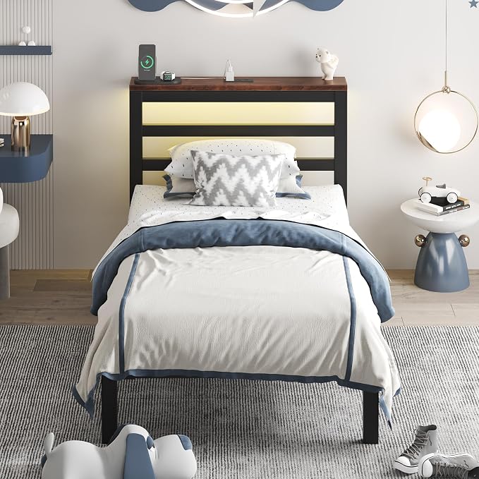 LOEWAY Twin Size Metal Bed Frame with Storage Headboard & LED Lights, Black | Built-In Charging Station, Under-Bed Storage, Heavy Duty Metal Slats, No Box Spring Needed, Solid and Stable, Easy Assembly