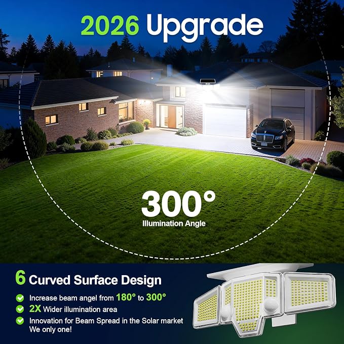 Solar Lights Outdoor White,Dual PIR & Curved 300° Wide Beam, 4000LM Solar Flood Lights Larger 3500mAh, Adjustable Solar Security Spot Lights Waterproof for Yard-2Pack