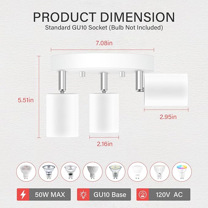 AUQUEE LED 3 Light Track Lighting Kit, LED Track Lighting Fixtures, White Round Ceiling Spot Lighting, Flexibly Rotatable Light Head for Kitchen, Living Room, Bedroom, GU10 Bulb Not Included