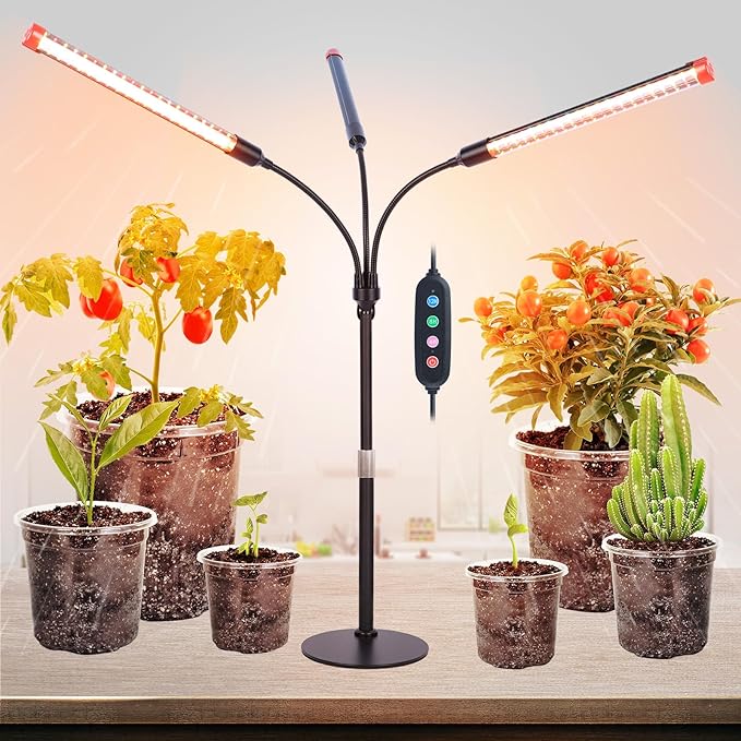 3Head Tabletop Grow Lights for Indoor Plants, Seed Starting, Vegetables, Bonsai, Bright Desk Plant Growing Lamps, 4/8/12/16/20H Timer, 27 Watt Power Draw, NO Need Adapter, 360° Gooseneck