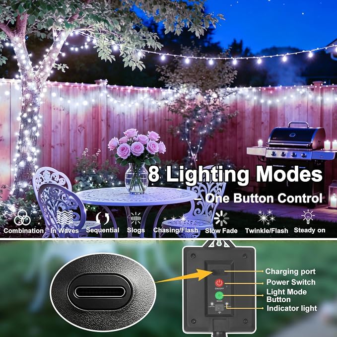KNONEW 203FT 600 LED Solar String Lights Outdoor, Extra Long Solar Fairy Lights with 8 Modes, IP44 Waterproof Copper Wire Lights for Garden Patio Yard Christmas Decor, Cool White