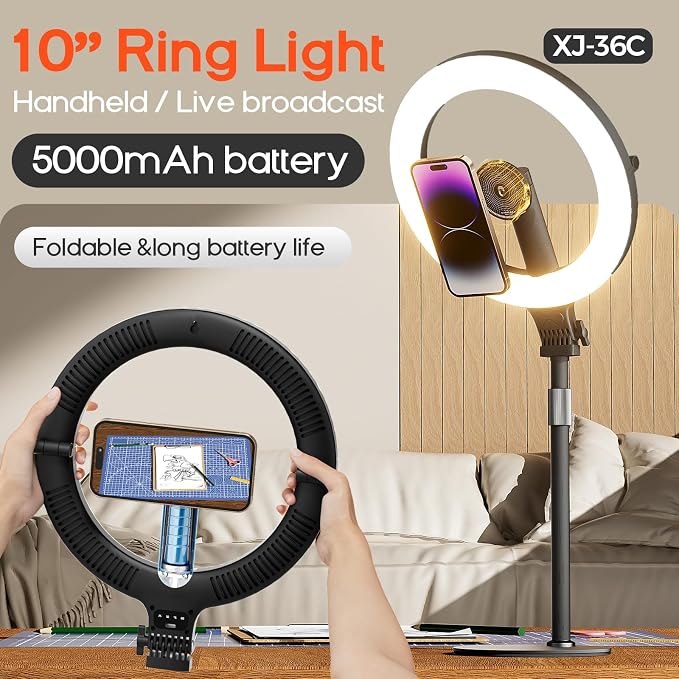 10" Magnetic Ring Light Overhead Camera Phone Mount, XINBAOHONG LED Selfie Light with Stand and Phone Holder, Rechargeable Desk Light for Video Recording（Standing）