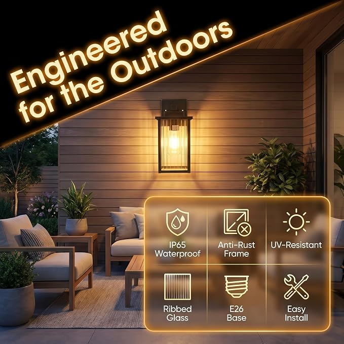 15-Inch Matte Black Outdoor Wall Light, All-Metal Frame Porch Light | Textured Glass Softens Glare, Stays Bright. Waterproof Rust-Resistant Metal. Pre-Assembled DIY Install on Porch, Garage
