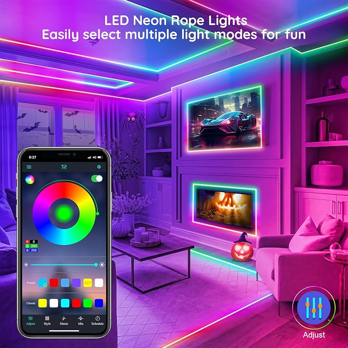FBZ 150Ft Led Rope Lights, Flexible Neon Lights Control with App/Remote, Multiple Modes, IP65 Outdoor RGB Waterproof, Music Sync Gaming Light Strip for Bedroom Decor