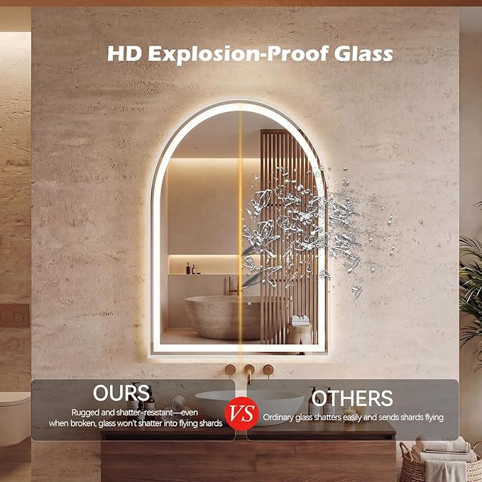 DUMOS 20"×28" LED Bathroom Mirror with Lights, Arched Vanity Mirror with Anti-Fog, Dimmable, 3-Color Light, Memory Function, Tempered Glass