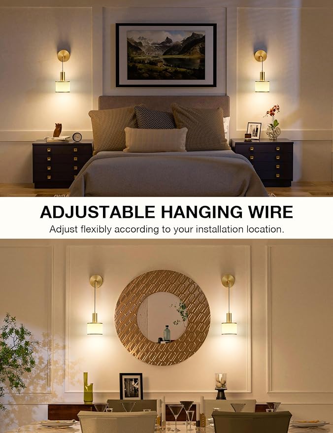 Battery Operated Wall Sconce Set of 2, Gold & Off-White Wireless Rechargeable Wall Lights with 5200mAh Dimmable Detachable Bulbs and Remote, 9 Colors Sconces Wall Decor for Bedroom Living Room