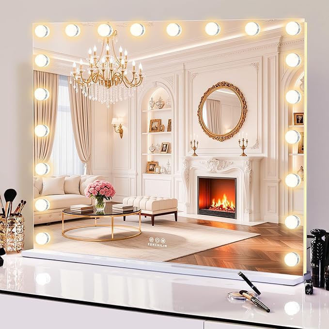 FENCHILIN Large Vanity Mirror with Lights 39''x32'', Backlit & Front Lit 20 LED Lighted Hollywood Vanity Makeup Mirror 3 Color Modes, Dimmer & Memory Function, Vanity Desktop/Wall-Hanging