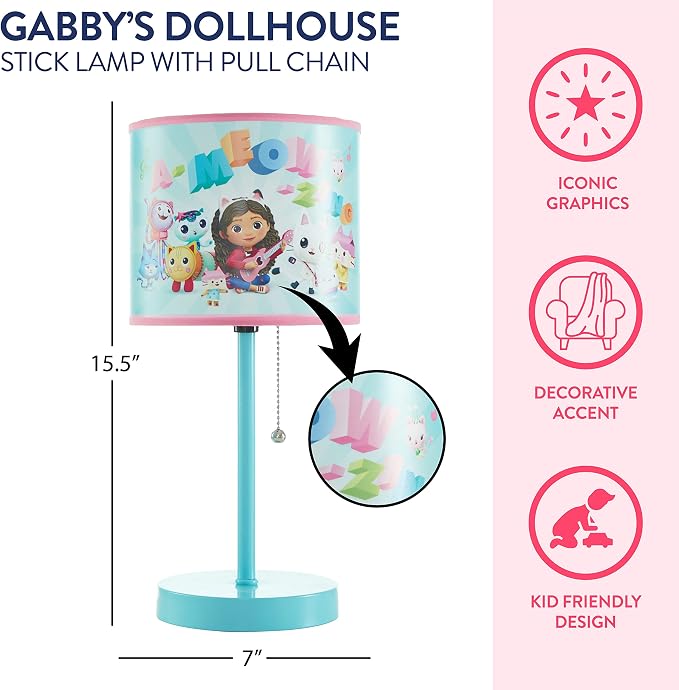 Idea Nuova Gabby's Dollhouse Stick Table Lamp for Kids with Pull Chain