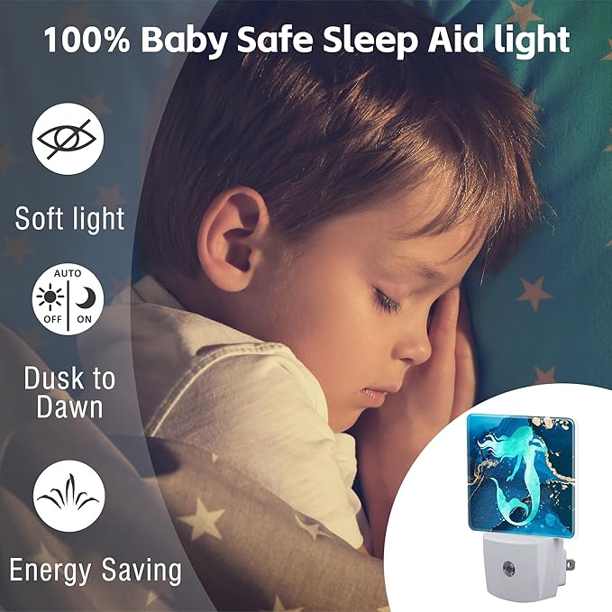 Watercolor Turquoise Mermaid Night Light for Kids,Navy Blue Golden Marble Night Light Plug in with Dusk to Dawn Sensor,0.5w Energy Saving Nightlight for Hallway Stairway Kitchen Bedroom