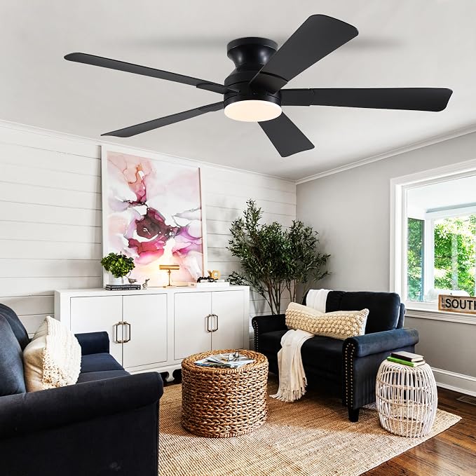52 inch Ceiling Fans with Lights, Black Flush Mount Ceiling Fan with Remote, 3CCT, LED Dimmable, Reversible, 6 Fan Speeds, Quite Low Profile Ceiling Fan with Lights Modern Bedroom Kitchen Indoor