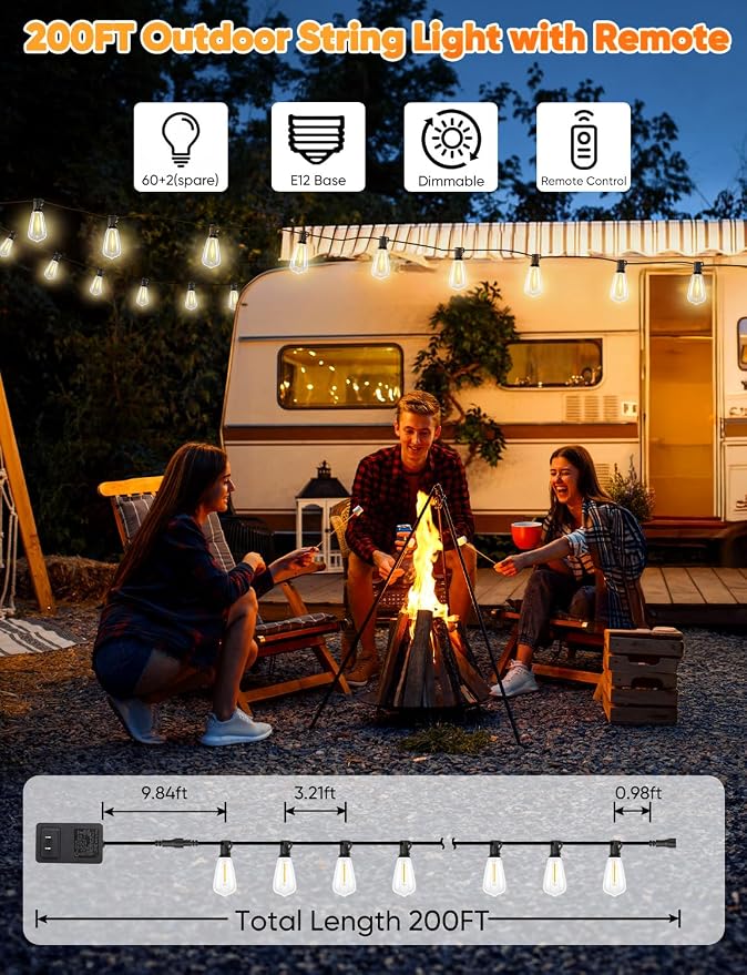 Outdoor String Lights with Remote, 200FT LED Patio Lights with 62 ST38 Shatterproof Vintage Bulbs, Dimmable String Lights for Outside, Waterproof IP65 Outdoor Lighting for Balcony, Camping