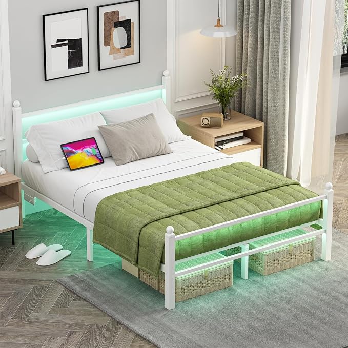 Jenmit Full Size Bed Frame with Charging Station & LED Lights,Full Metal Platform Bed Frame with Headboard and Footboard, Storage Space Under Bed,No Box Spring Needed,Noise Free, Easy Assembly, White