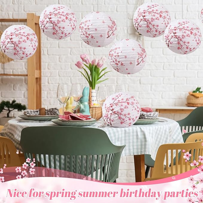 12 Pcs Cherry Blossom Paper Lanterns Tea Party Decorations Floral Flower Wildflower Spring Birthday Party Decoration Flower 10 Inch Hanging Round Paper Lanterns for Wedding Bridal Shower Baby Shower