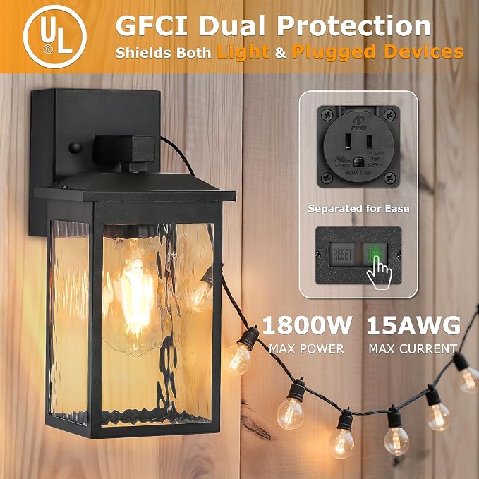 Porch Lights with GFCI Outlet, Dusk to Dawn Outdoor Wall Lighting with Water Rippled Glass Shade, Waterproof Exterior Light Fixture Black Outside Lights for House Front Door Garage Patio (E26 Base)
