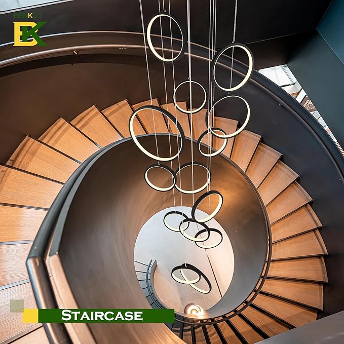 14 Ring High Ceiling Chandelier Foyer, Black Modern LED Large Staircase Long Chandeliers Light Fixture with Remote for Staircase Entryway Living Room Dining Room(118in, 3000K-6500K)