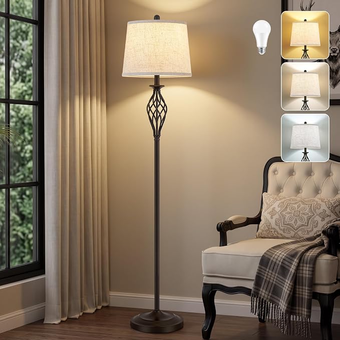 EJIAXIN Floor Lamps for Living Room - 62" Farmhouse Vintage Standing Lamp for Bedroom with Adjustable Color Temperatures,Brown Tall Lamp with Linen Shade,Reading Light for Home Office,Bulb Included