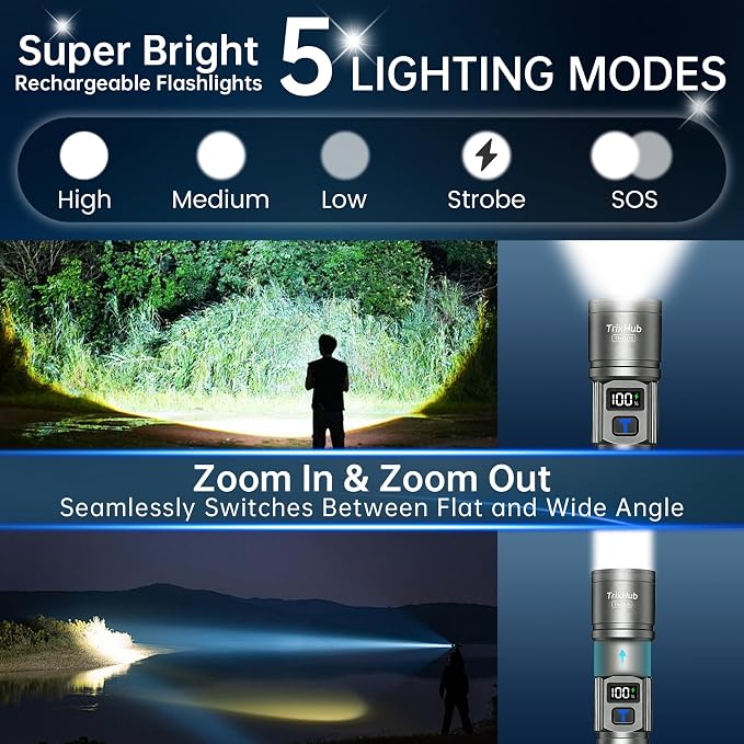 Rechargeable Flashlights 2 Pack, Super Bright High Lumens Flash Light, 5 Modes Zoomable Linternas with LCD Digital Display, Powerful Handheld LED Flashlights for Home Camping (Titanium)