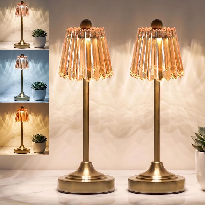 Set of 2 Small Vintage Cordless Table Lamp, Green Glass Shade,3 Color Dimming, LED Touch Accent Lamp for Bedroom,Nightstand,Living Room,Kitchen(Amber)