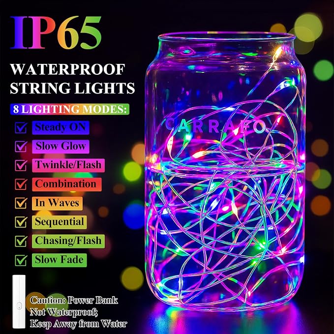 66FT(33 * 2) Multicolor Fairy Lights Battery Operated, 100 LED Twinkle Lights with Timer, Rechargeable String Lights for Bedroom, Christmas Decorations, Wedding, Centerpiece Table Decor Multicolor