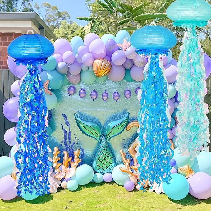 10" Blue Jellyfish Paper Lanterns - Under the Sea Birthday & Mermaid Party Decorations, Ocean and Beach Theme Indoor Outdoor Hanging Decor, Baby Shower, Nautical Events (Set of 6)