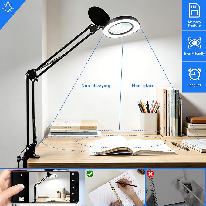 Large 10X Magnifying Glass with Light and Stand, LED Desk Lamp with Clamp, 5 Color Mode, 10 Dimmable Levels, Hands Free for Reading Crafts Jewelry Sewing Close Work