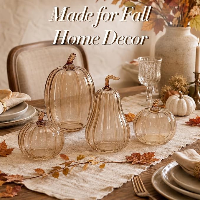 Yungyan Set of 3 Glass Pumpkin Lamp Shades Fall Decor,Light Brown | Pumpkin Candle Holder Rustic Thanksgiving Halloween Autumn Mantel Table Centerpiece Home Decoration, Lights Not Included