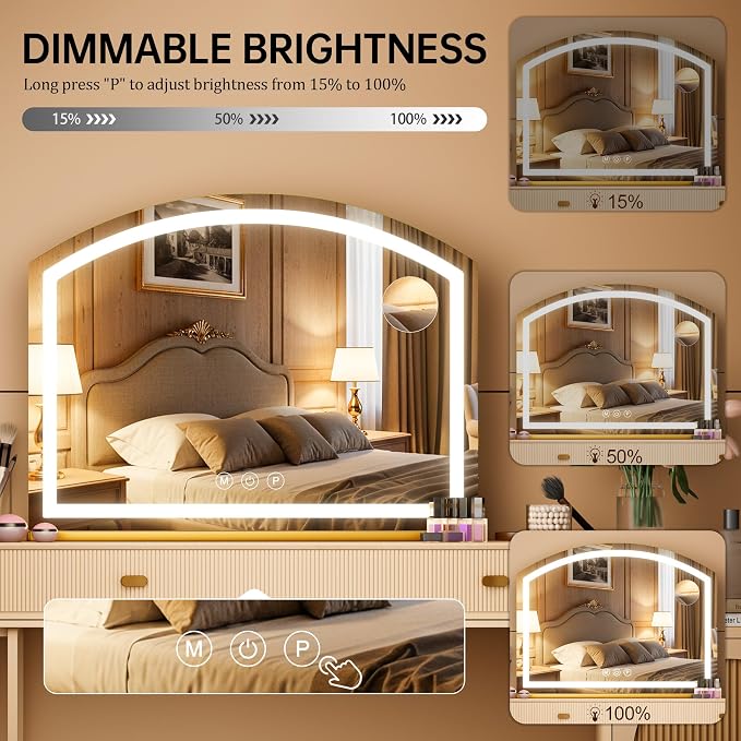 Hasipu Arch Vanity Mirror with Light, Arched Led Makeup Mirror with 10X Magnification, Tabletop Desk Mirror with USB Charging Port, Dimmable 3 Colors Mode, 32" x 24" Inch Gold