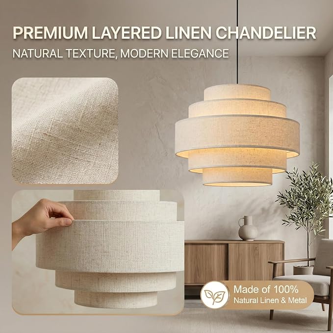 AUQUEE 5-Tier Farmhouse Chandelier, 13" Modern Drum Pendant Light Fixture with Linen Lampshade, Adjustable Height Hanging Ceiling Lighting for Bedroom/Nursery/Dining Room/Kitchen Island/Entryway,Beige