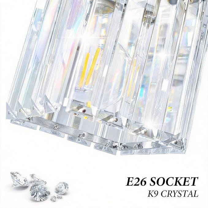 Brushed Chrome Crystal Bathroom Vanity Light, 3-Light Modern Bathroom Lighting Fixtures Over Mirror,Chrome Wall Sconce Light Fixtures with Square Shade