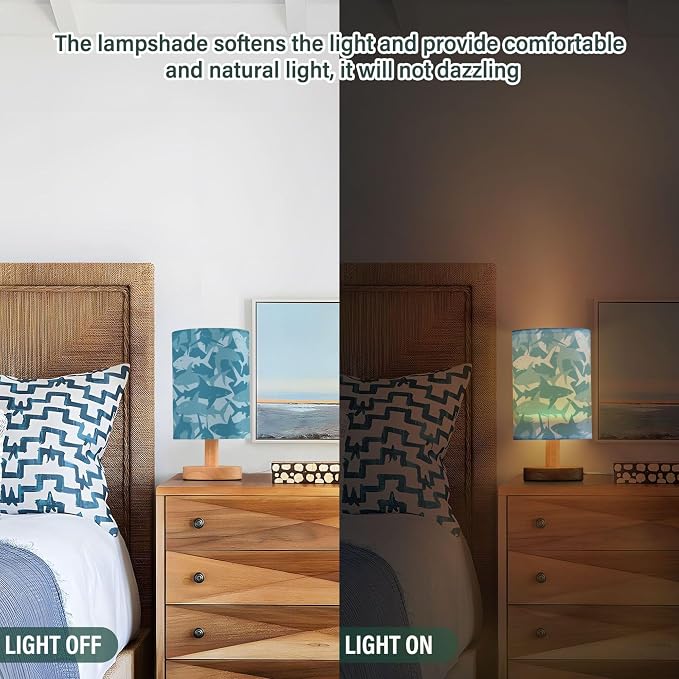 Table Lamp Blue Shark Pattern Marine Animal Nightstand Lamp with Wood Base Fabric Lamp Shade Bedside Desk Lamp for Living Room Bedroom Kids Room Office