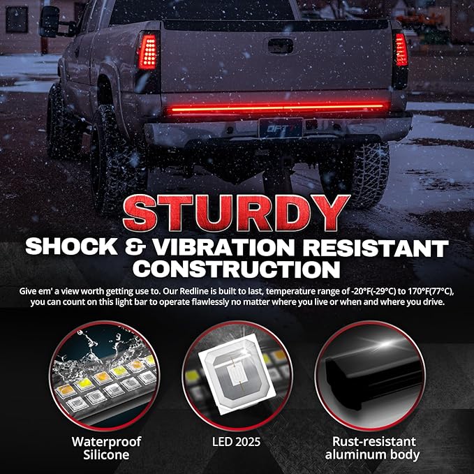 OPT7 Plug'n'Play Bundle for 2021-2023 F150 w/OE Halogen Taillights and Blind Spot Monitor – 60" Redline Double Row Two-Piece LED Tailgate Light Bar w/Amber Turn + Easy Connect Harness