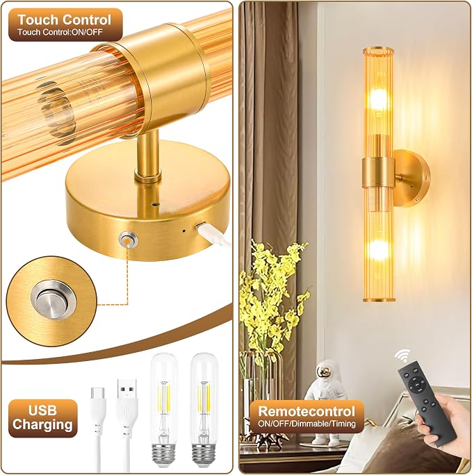 Morauroral Gold Battery Operated Wall Sconces Set of 2, Rechargeable Wall Lights with Remote Control, 20 Inch Modern Wireless Wall Lamp for Bedroom, Living Room with Amber Shade (Bulbs Included)