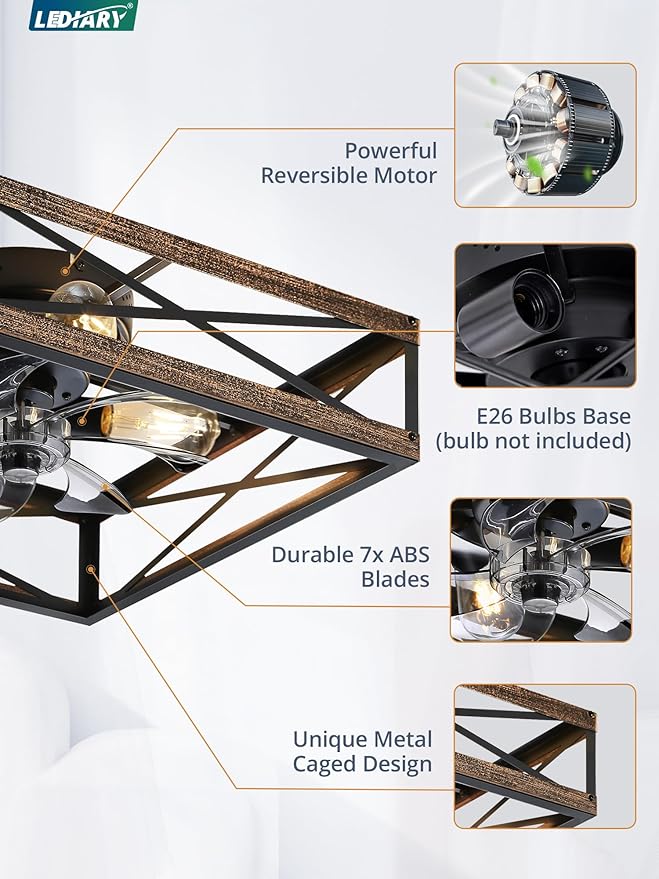 LEDIARY 20” Caged Flush Mount Ceiling Fans with Lights and Remote, Rustic Square Low Profile Ceiling Fan, 6 Speed and Reversible, Small Farmhouse Bladeless Ceiling Fan for Bedroom, Kitchen,Dining Room
