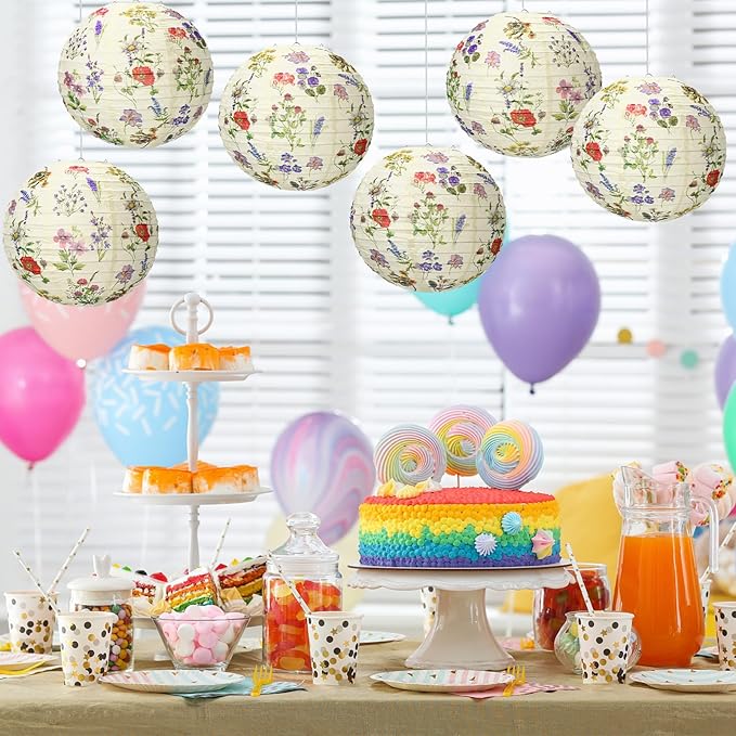 Honoson 12 Pcs Floral Paper Lanterns Tea Party Decorations Flower Wildflower Spring Birthday Party Decoration Flower 10 Inch Hanging Round Paper Lanterns for Wedding Bridal Shower Baby Shower Decor