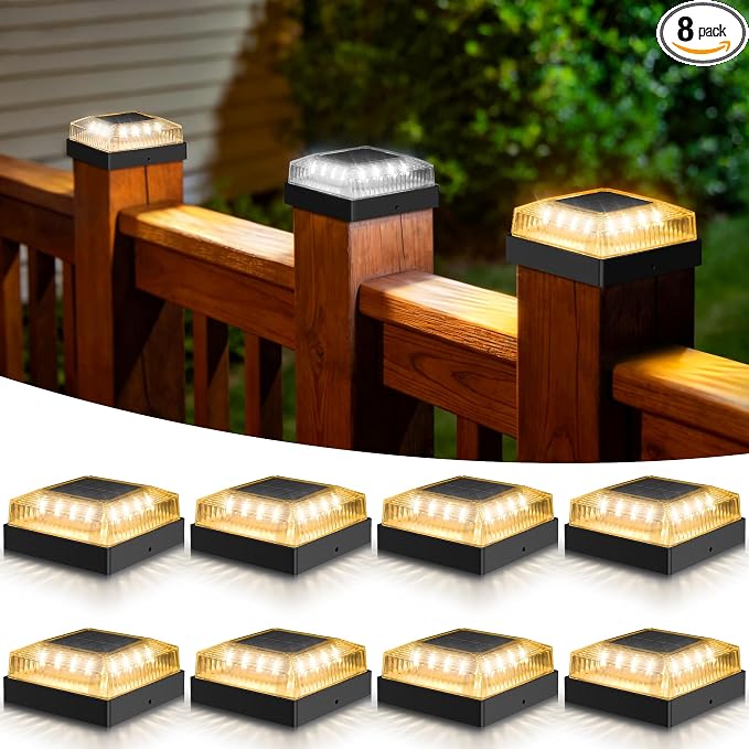 Solar Post Cap Lights for 4x4 Wood/Vinyl Posts 8-Pack, Black | 4x4 Post Solar Lights, IP65 Waterproof, 10-12 Hours of Illumination with 3 Lighting Modes for Garden/Patio/Porch