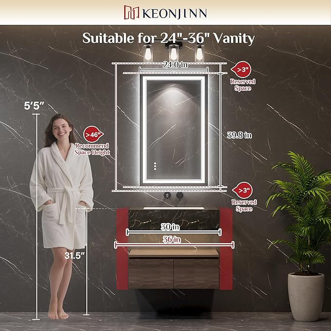 Keonjinn 40 x 24 Inch Lighted Mirrors for Bathroom Wall with Bluetooth Speaker, Frontlit & Backlit LED Bathroom Mirror, Smart Mirror Bathrooms, Tempered Glass, 3 Color Temperature, Dimmable, Anti-Fog