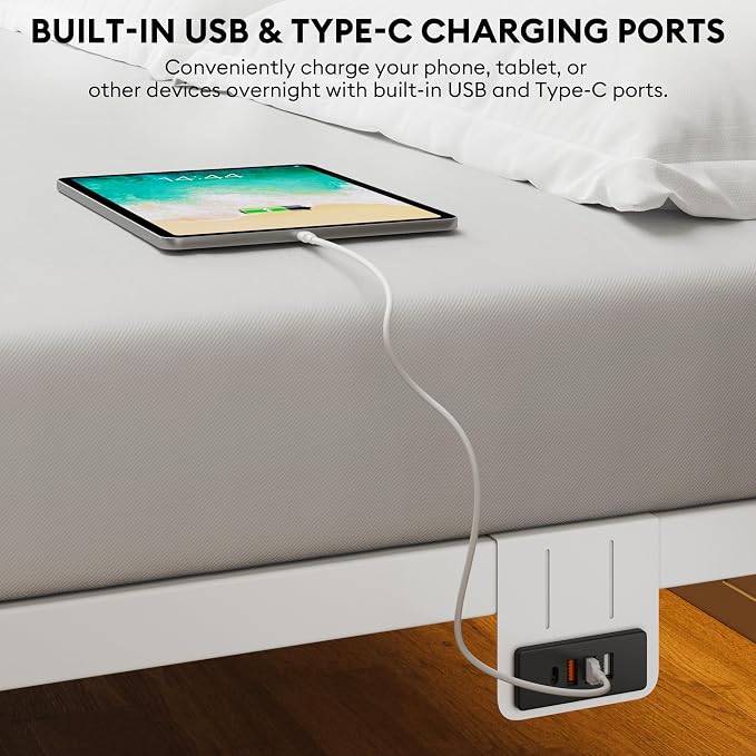 King Size Bed Frame with Headboard - Metal Platform Bed with LED Lights, Charging Station, Under Bed Storage and Heavy Duty Steel Slats Support - No Box Spring Needed, Easy Assembly, White