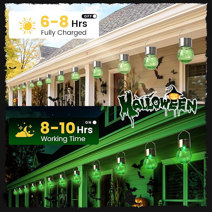 GIGALUMI Halloween Solar Lights Outdoor Solar Hanging Lanterns Outside 12PC | Green, Halloween, Solar Powered, Waterproof, Decorative, Crackle Glass, Graden&Tree Decoration, Gifts for Women, Ornaments