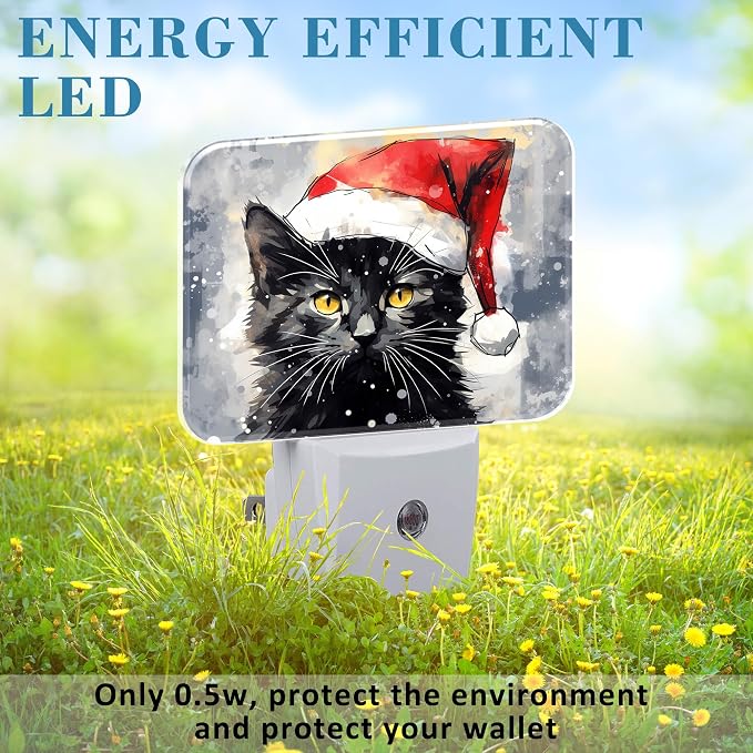 Cute Black Cat with Santa Hat Night Light for Kids, Christmas Cat LED Night Light Plug into Wall with Dusk to Dawn Sensor for Girls Boys Women Bedroom,Hallway,Kitchen,Bathroom,Stairs Decor