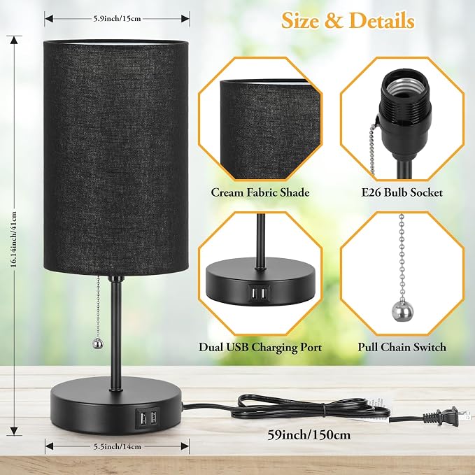 Set of 2 Table Lamps with 2 USB Ports, Bedside Lamps for Bedrooms, Modern Nightstand Lamps with Pull Chain, Minimalist Desk Lamps with Black Fabric Shade and Metal Base for Living Room Home Office