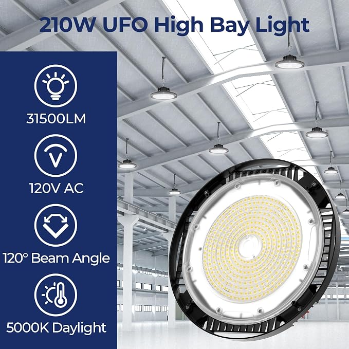 CINOTON 210W UFO LED High Bay Light, Aluminum LED Shop Lights with 31500LM, 5000K Commercial Bay Lighting for Warehouse Garage Workshop Factory, 6' Cable & Safety Rope, ETL Listed 1 Pack