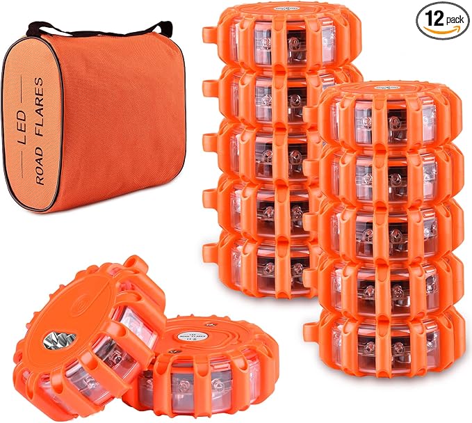 AK [12 Pack LED Road Flares Safety Flashing Warning Light Roadside Emergency Disc Beacon Kit for Vehicles Boats with Magnetic Base & Hook, Premium Storage Bag (Batteries Not Included) (12)