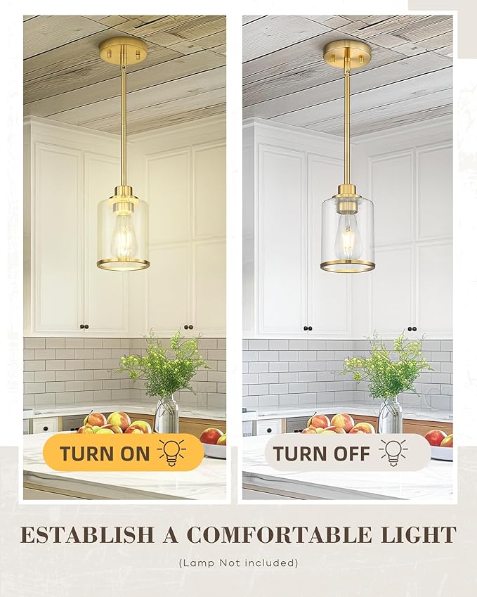 Beionxii 2 Pack Brushed Gold Pendant Lights Kitchen Island, Modern Kitchen Pendant Lighting Over Island, Hanging Lights with Clear Glass for Sink, Dining Room, Entryway, BX-PL02BG-2CG